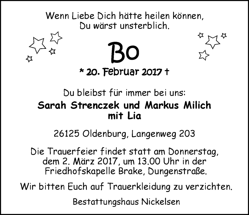  Traueranzeige für Bo Strenczek vom 24.02.2017 aus Nordwest-Zeitung