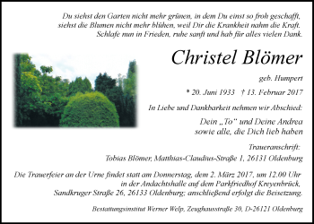 Traueranzeige von Christel Blömer von Nordwest-Zeitung