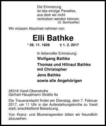 Traueranzeige von Elli Bathke von Nordwest-Zeitung