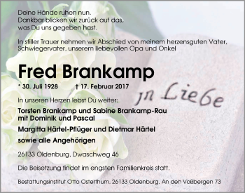 Traueranzeige von Fred Brankamp von Nordwest-Zeitung