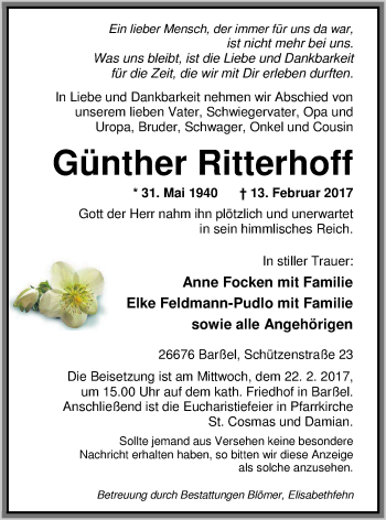 Traueranzeige von Günther Ritterhoff von Nordwest-Zeitung