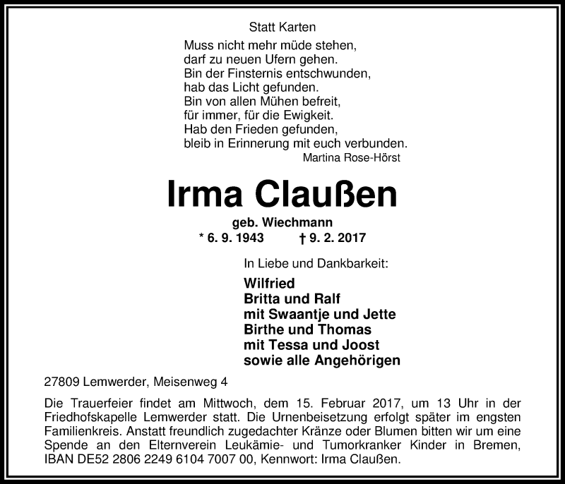  Traueranzeige für Irma Claußen vom 11.02.2017 aus Nordwest-Zeitung