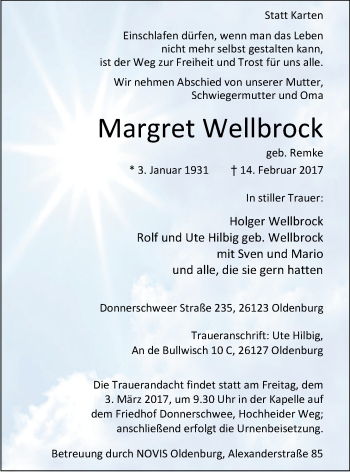 Traueranzeige von Margret Wellbrock von Nordwest-Zeitung