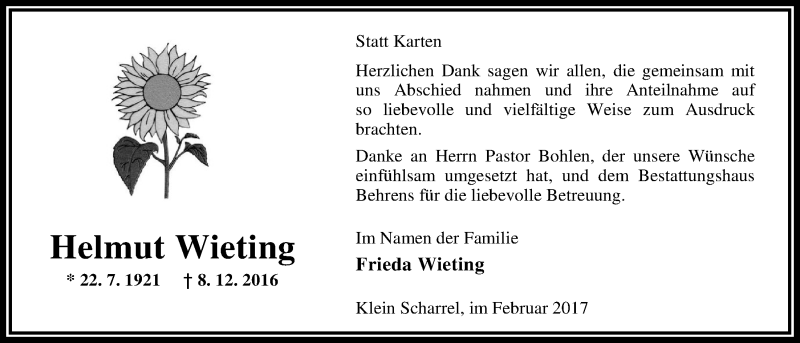  Traueranzeige für Helmut Wieting vom 03.02.2017 aus Nordwest-Zeitung