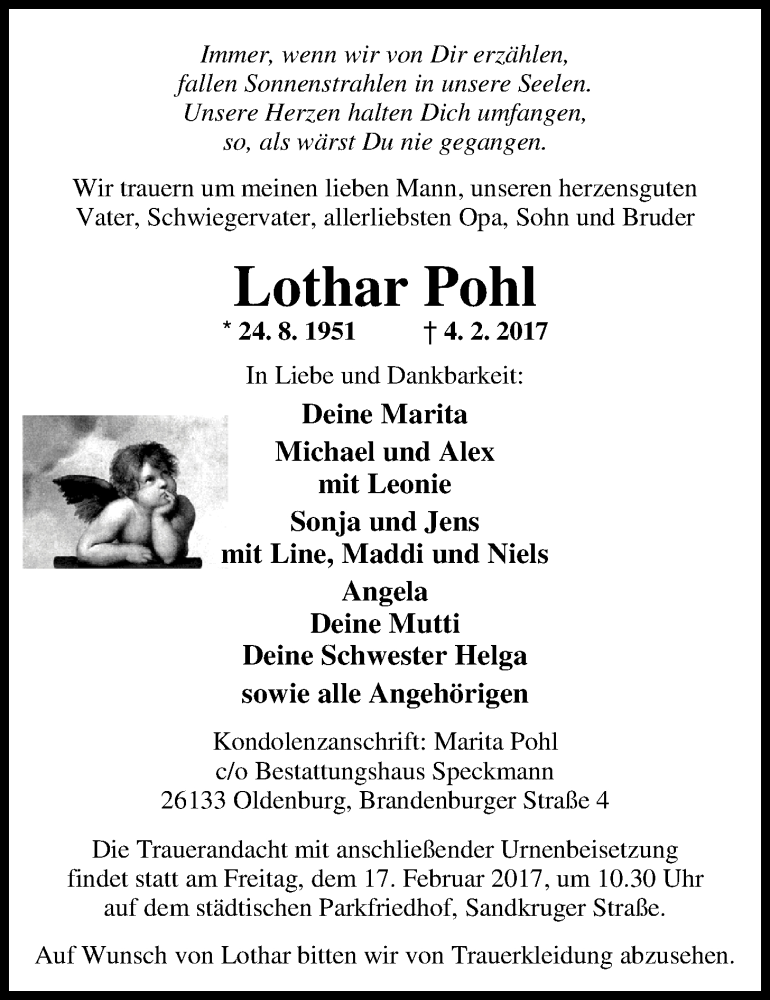 Traueranzeige für Lothar Pohl vom 11.02.2017 aus Nordwest-Zeitung