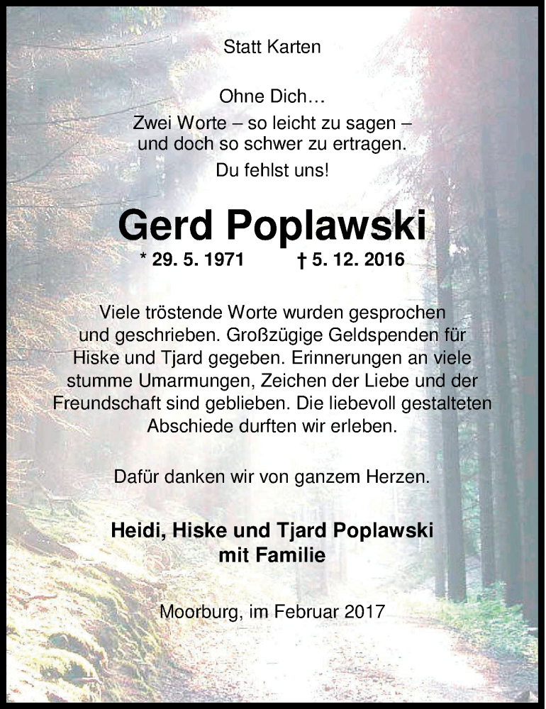  Traueranzeige für Gerd Poplawski vom 04.02.2017 aus Nordwest-Zeitung
