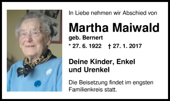 Traueranzeige von Martha Maiwald von Nordwest-Zeitung