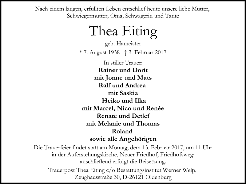  Traueranzeige für Thea Eiting vom 08.02.2017 aus Nordwest-Zeitung
