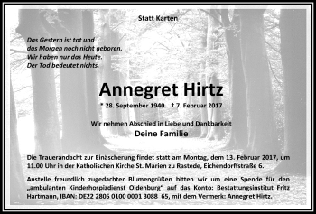 Traueranzeige von Annegret Hirtz von Nordwest-Zeitung