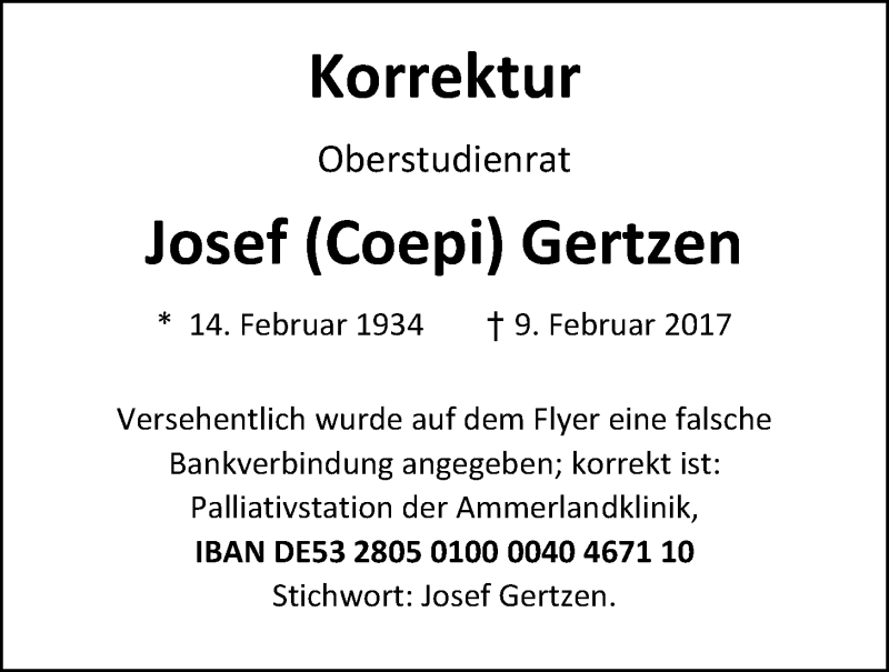  Traueranzeige für Josef Gertzen vom 17.02.2017 aus Nordwest-Zeitung