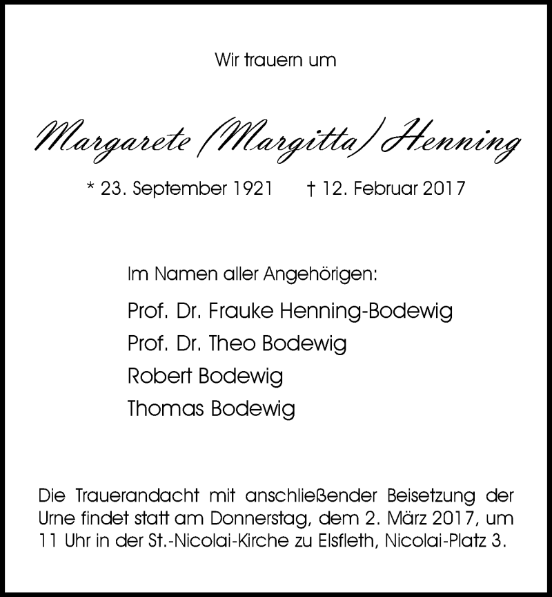  Traueranzeige für Margarete Henning vom 25.02.2017 aus Nordwest-Zeitung