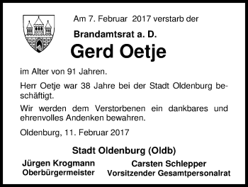 Traueranzeige von Gerd Oetje von Nordwest-Zeitung