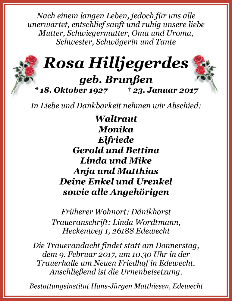  Traueranzeige für Rosa Hilljegerdes vom 03.02.2017 aus Nordwest-Zeitung