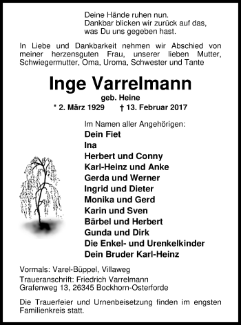 Traueranzeige von Inge Varrelmann von Nordwest-Zeitung