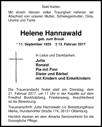 Traueranzeige von Helene Hannawald von Nordwest-Zeitung