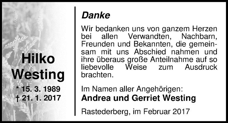  Traueranzeige für Hilko Westing vom 25.02.2017 aus Nordwest-Zeitung