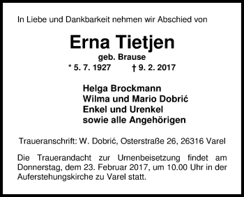 Traueranzeige von Erna Tietjen von Nordwest-Zeitung