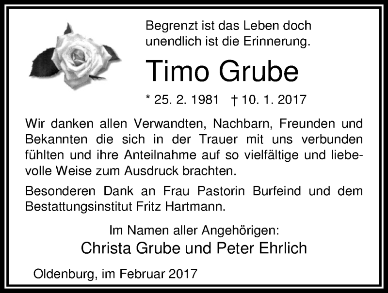  Traueranzeige für Timo Grube vom 04.02.2017 aus Nordwest-Zeitung