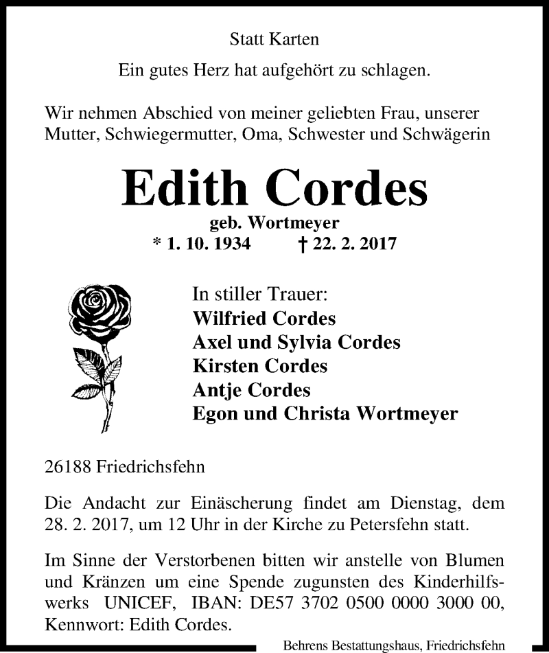  Traueranzeige für Edith Cordes vom 25.02.2017 aus Nordwest-Zeitung