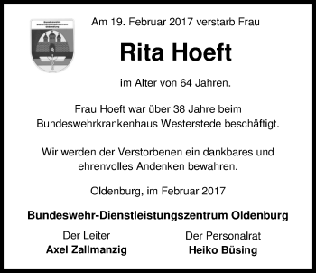 Traueranzeige von Rita Hoeft von Nordwest-Zeitung