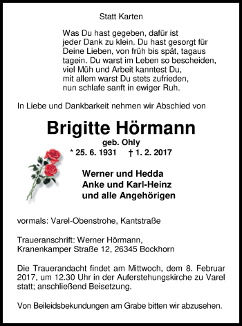 Traueranzeige von Brigitte Hörmann von Nordwest-Zeitung