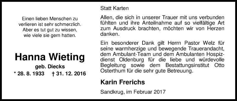  Traueranzeige für Hanna Wieting vom 11.02.2017 aus Nordwest-Zeitung