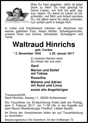 Traueranzeige von Waltraud Hinrichs von Nordwest-Zeitung