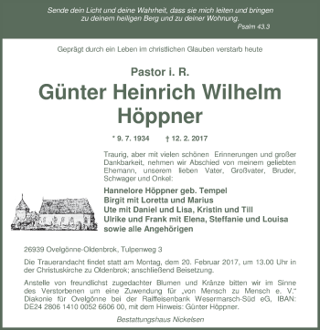Traueranzeige von Günter Heinrich Wilhelm Höppner von Nordwest-Zeitung