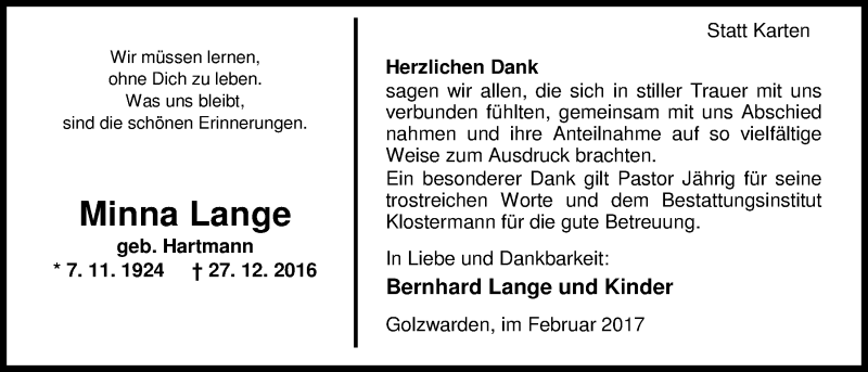  Traueranzeige für Minna Lange vom 04.02.2017 aus Nordwest-Zeitung