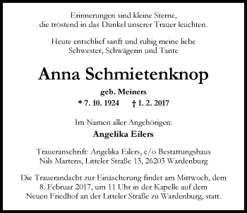 Traueranzeige von Anna Schmietenknop von Nordwest-Zeitung