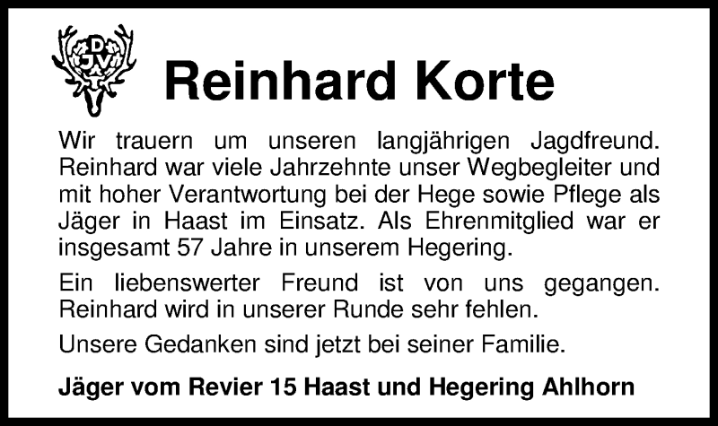  Traueranzeige für Reinhard Korte vom 08.02.2017 aus Nordwest-Zeitung