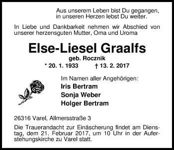Traueranzeige von Else-Liesel Graalfs von Nordwest-Zeitung