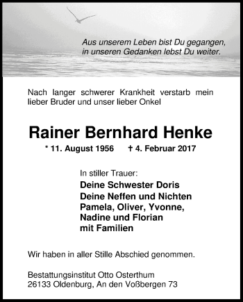 Traueranzeige von Rainer Bernhard Henke von Nordwest-Zeitung