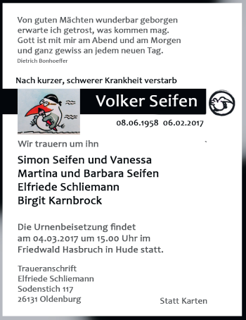 Traueranzeige von Volker Seifen von Nordwest-Zeitung