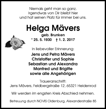 Traueranzeige von Helga Mävers von Nordwest-Zeitung