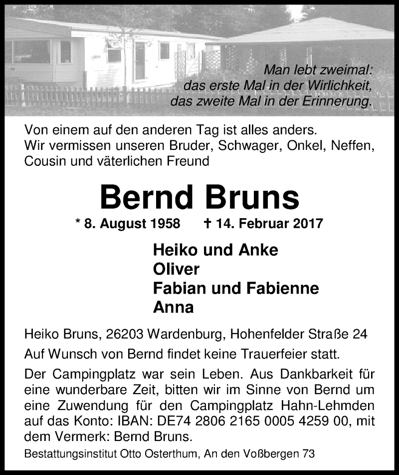  Traueranzeige für Bernd Bruns vom 17.02.2017 aus Nordwest-Zeitung