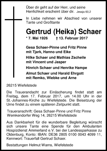 Traueranzeige von Gertrud (Heika) Schaer von Nordwest-Zeitung