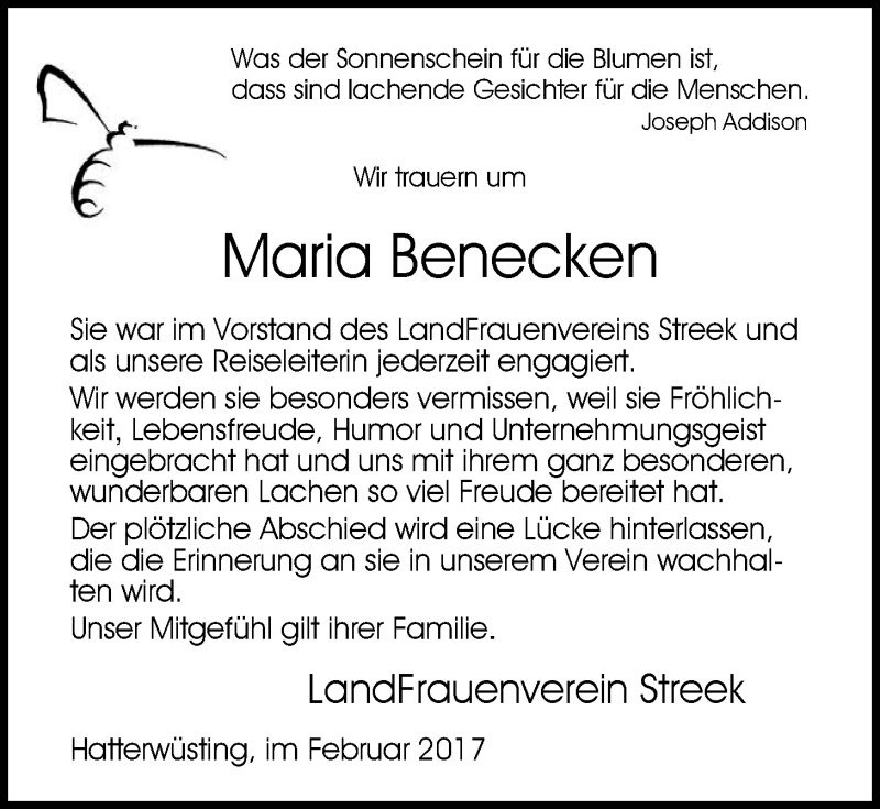  Traueranzeige für Maria Benecken vom 13.02.2017 aus Nordwest-Zeitung