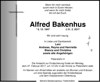 Traueranzeige von Alfred Bakenhus von Nordwest-Zeitung