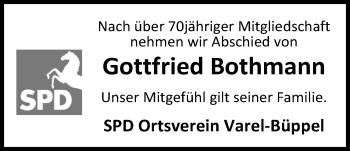 Traueranzeige von Gottfried Bothmann von Nordwest-Zeitung