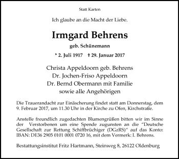 Traueranzeige von Irmgard Behrens von Nordwest-Zeitung