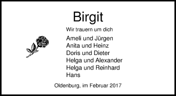 Traueranzeige von Birgit Hahn von Nordwest-Zeitung