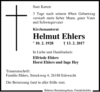 Traueranzeige von Helmut Ehlers von Nordwest-Zeitung