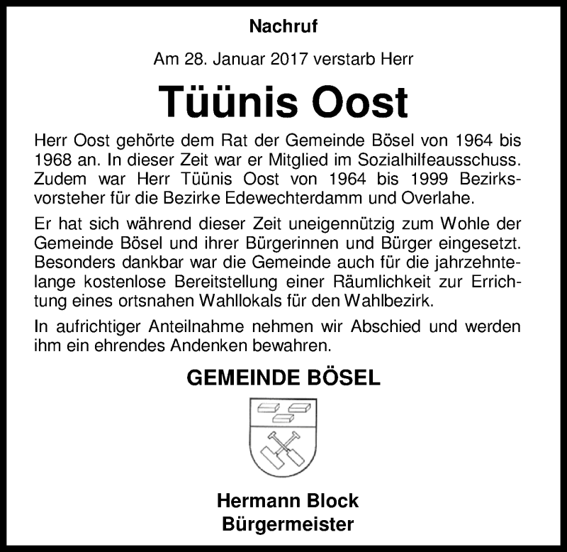  Traueranzeige für Tönjes Oost vom 02.02.2017 aus Nordwest-Zeitung