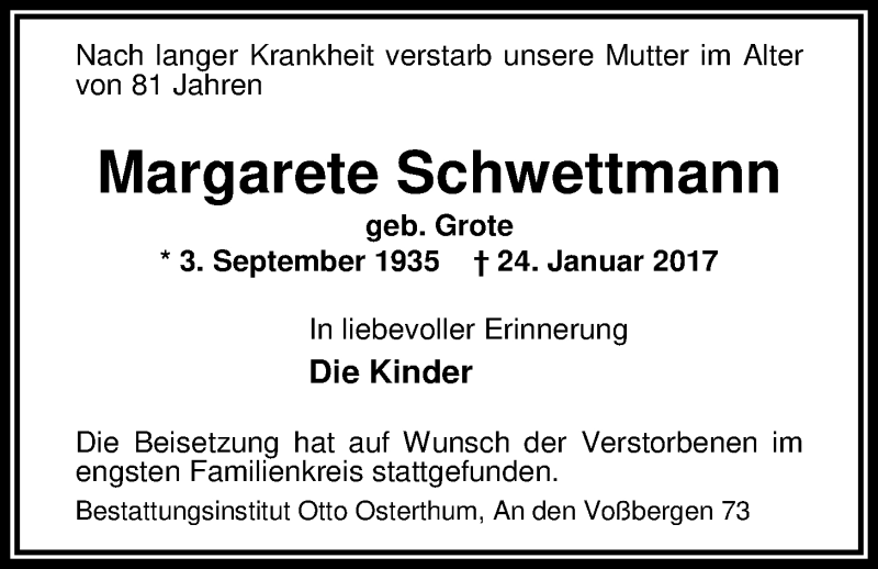  Traueranzeige für Margarete Schwettmann vom 24.02.2017 aus Nordwest-Zeitung