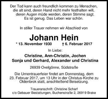 Traueranzeige von Johann Hein von Nordwest-Zeitung