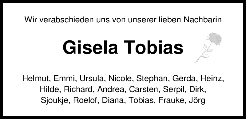  Traueranzeige für Gisela Tobias vom 24.02.2017 aus Nordwest-Zeitung