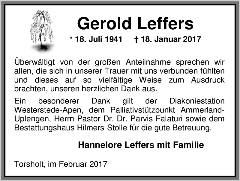  Traueranzeige für Gerold Leffers vom 25.02.2017 aus Nordwest-Zeitung