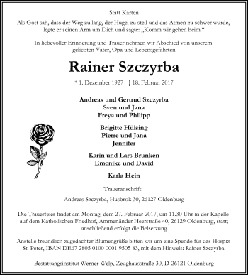 Traueranzeige von Rainer Szczyrba von Nordwest-Zeitung