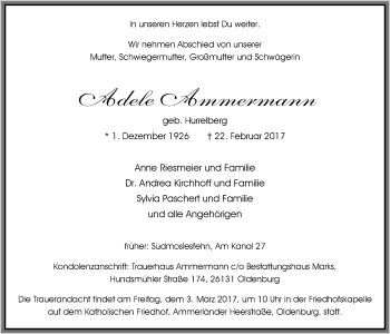 Traueranzeige von Adele Ammermann von Nordwest-Zeitung